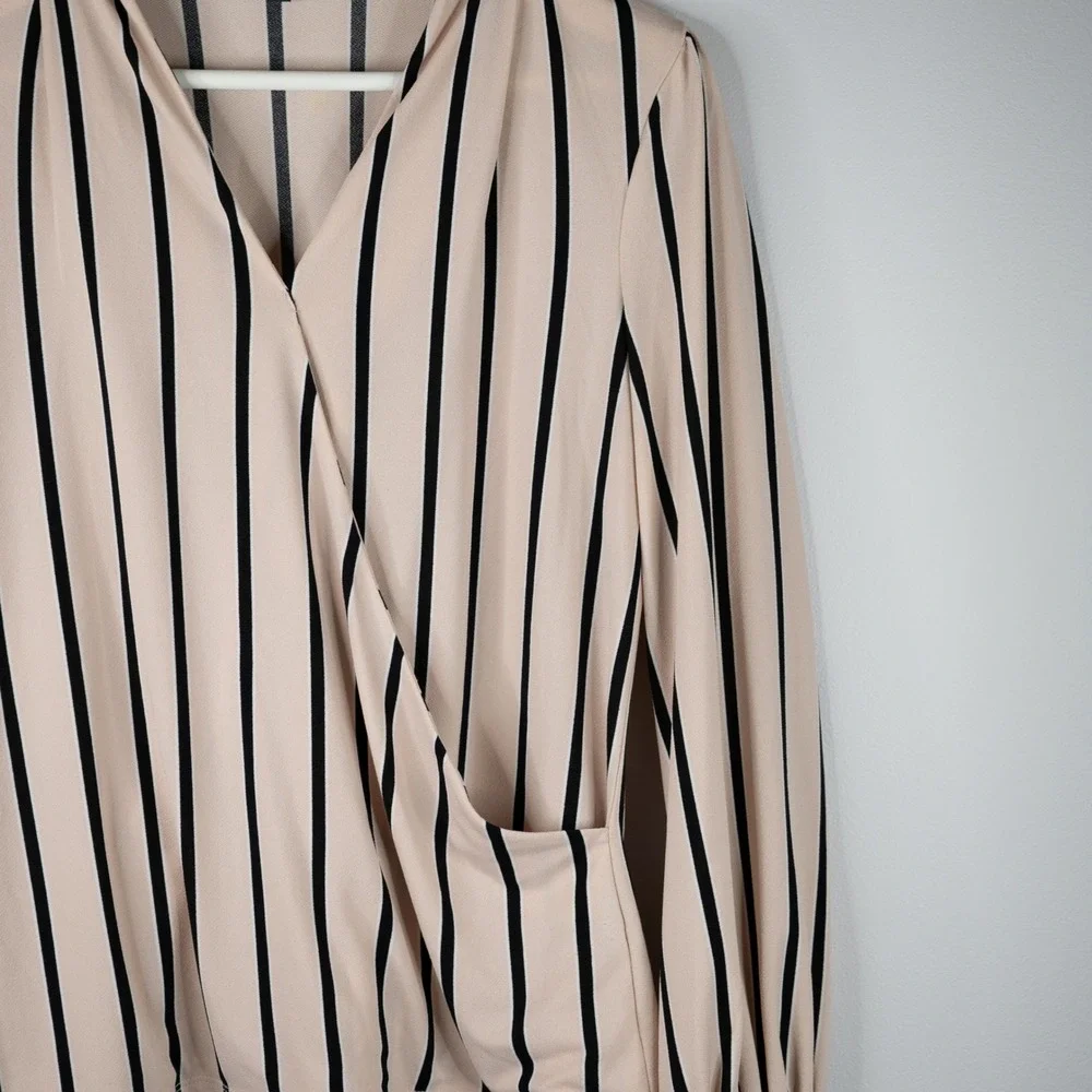 Adrianna Papell Blouse Women's Small Blush/Black stipe faux wrap Business casual